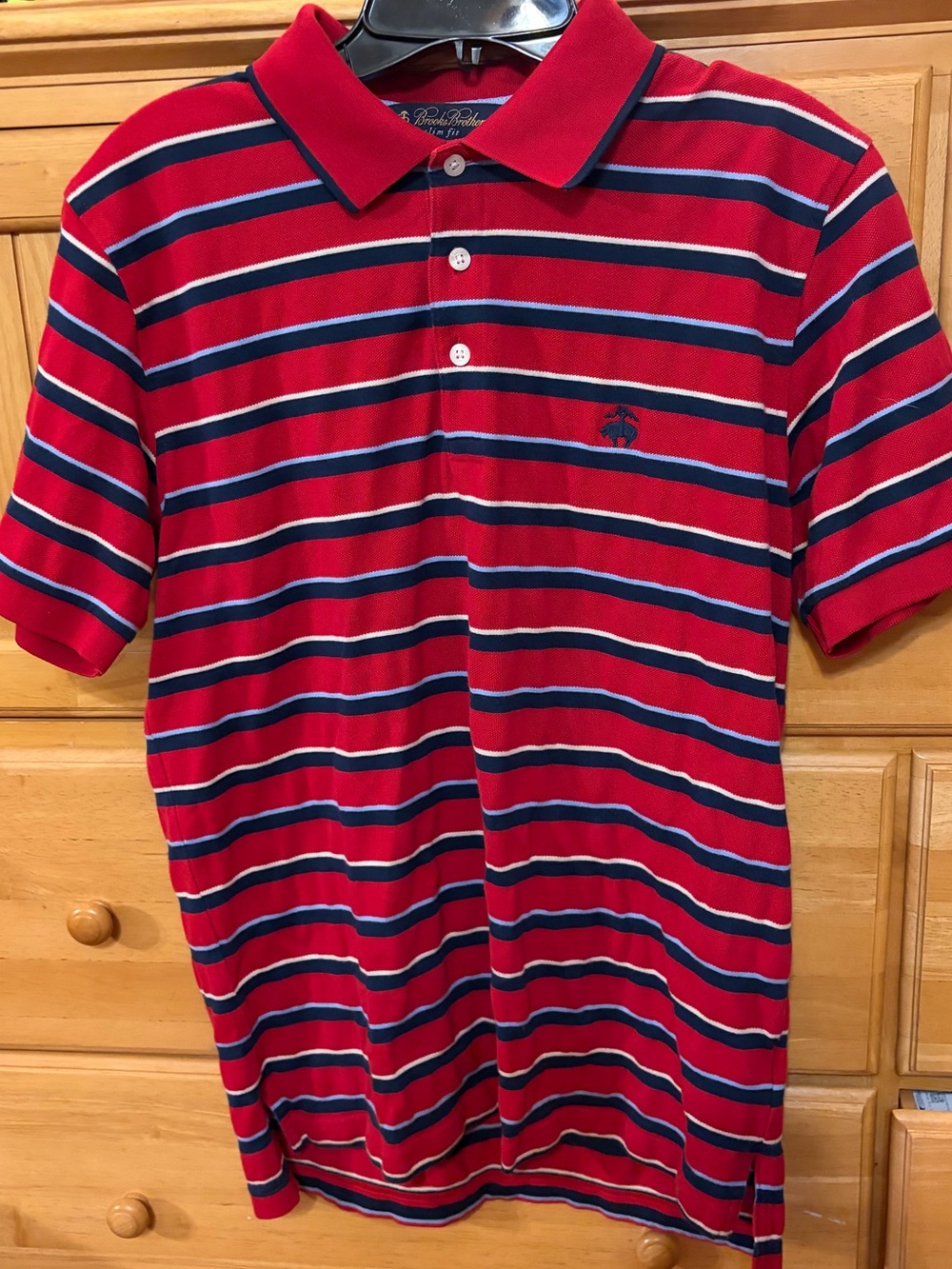 Brooks Brothers Men's Red Performance Polo Shirt w/Blue & White Stripes Size Med